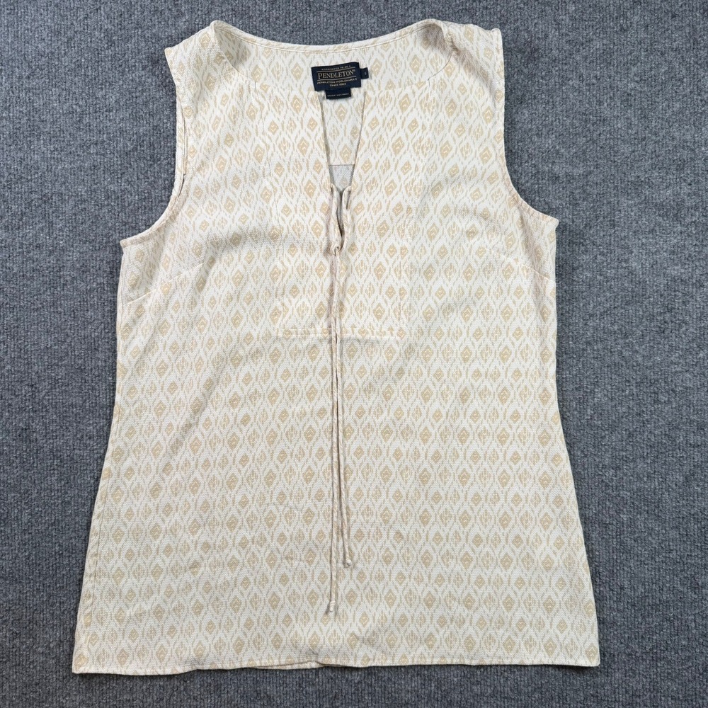 Pendleton Sleeveless Blouse Womens Small Tan Cream Geometric Ikat Tassel Tie